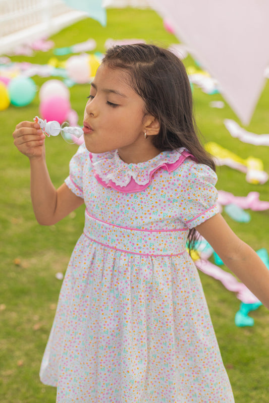 Vestido Cuello Volante Estampado Fluor